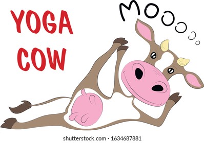 
The cow is doing yoga. funny farm animal cartoon character doing sports vector Illustration on a white background. 
Humor card