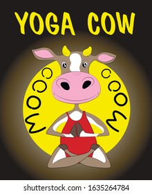 
The cow is doing yoga. funny farm animal cartoon character doing sports vector Illustration on black background. 
Humor card