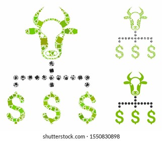 Cow dollar links composition of unequal pieces in variable sizes and color tints, based on cow dollar links icon. Vector humpy pieces are combined into collage.