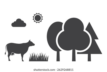 cow domestic animal on nature meadow with grass and trees under sun sky icon