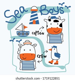 cow and donkey the sailorman funny animal cartoon,vector illustration