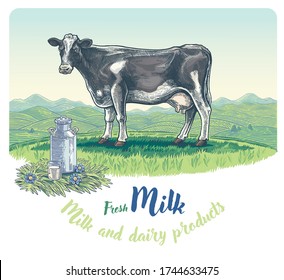 Cow, drawing in a graphic style, against the background of the rural landscape with hills, with a can and glass of milk  in the foreground.