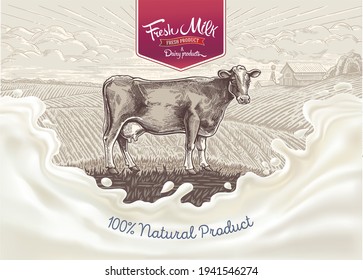 Cow, drawing in a graphic style, against the background of the rural landscape with farm, with a splash milk in the foreground.