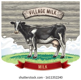 Cow, drawing in a graphic style, on the background of wooden wall, with design elements for milk label.