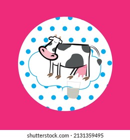 COW drawing , pink logo , blue cow , white