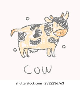 Cow drawings with crayon. Kids doodle drawing, children crayon drawing and hand drawn, pastel pencil doodle vector illustration