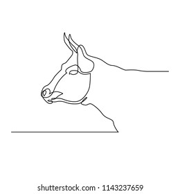 A cow is drawn by a single black line on a white background. Continuous line drawing. Vector illustration.