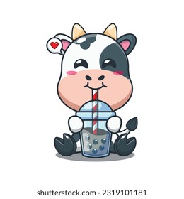 cow drink boba milk tea cartoon vector illustration.
