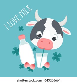 Cow drinking milk. I love milk concept. Vector illustration.