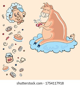 cow drinks tea vector cartoon card