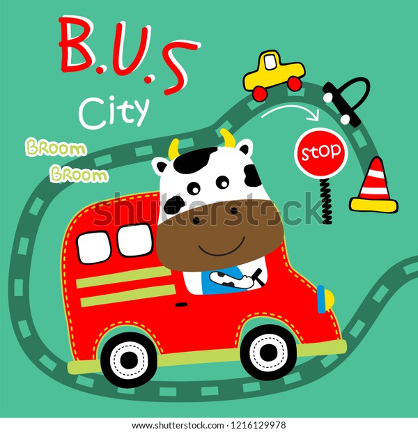 cow driving a bus,funny animal\
cartoon,vector\
illustration