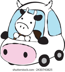 A cow driving a cow-shaped car