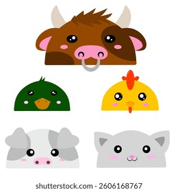 Cow, Duck, Chicken, Pig, and Cat Cartoon Faces vector. Vector design of farm animals. Animal Faces with Half-Circle Shapes. Cute Cartoon Animal Faces