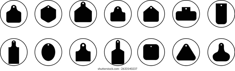 Cow ear tags icon set . Ear tag illustration sign vector collection isolated on transparent background. Identification labels for cattle, farm animals, livestock. Earmark mockups for livestock.