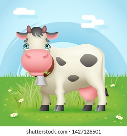 Cow eat grass standing farm mammal cute animal green field nature background cartoon design art white vector illustration