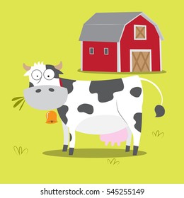 Cow eating grass in the barn cute vector illustration