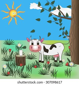 Cow eating grass in a meadow under the sun and tree