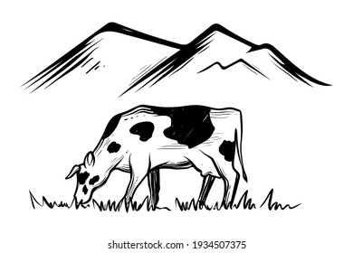 Cow eating grass on meadow with mountains, vector