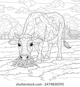 Cow Eating Grass Scenery Outline Vector Illustration. Cow Eating Grass Coloring Page. Animal Coloring Page. Detailed Cow Eating Scenery Vector. 