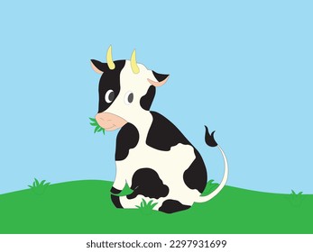 A cow is eating grass vector. Cow cartoon. Cute cow cartoon.