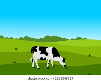 una vaca comiendo en un diseño de vectores de pradera verde