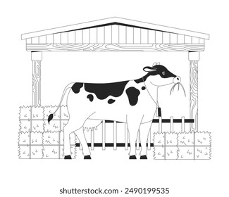 Heno de comer vaca en granero negro y blanco ilustración de línea plana. Animal de granja de leche con paquetes de hierba seca 2D lineart carácter aislado. Grande ganado de cría agrícola monocromo Vector contorno Imagen