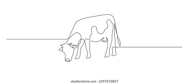 La vaca come hierba en un dibujo continuo de una línea. Animales de ternera lechera sobre símbolo de pastoreo y concepto de granja de carne de vacuno en un estilo lineal simple. Trazo editable. Ilustración del vector Doodle