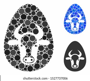 Cow egg mosaic of round dots in various sizes and shades, based on cow egg icon. Vector round dots are united into blue composition. Dotted cow egg icon in usual and blue versions.