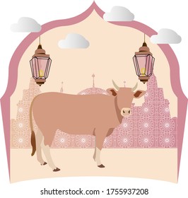 Vaca Eid Al Adha en patrón de mezquita y farol