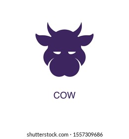 Cow element in flat simple style on white background. Cow icon, with text name concept template