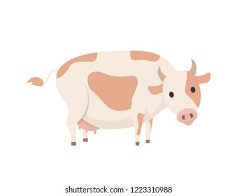 Cow emblem in simple style vector icon isolated on white. Big domestic animal, horned dairy cattle with spots on skin on back, with udder with milk Cow emblem in simple style vector icon isolated on white. Big domestic animal, horned dairy cattle with spots on skin on back, with udder with milk