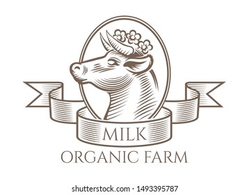 Cow engraving logo. Engraving vintage sketch cows head sign isolated on white background for milk or dairy produce, vector illustration