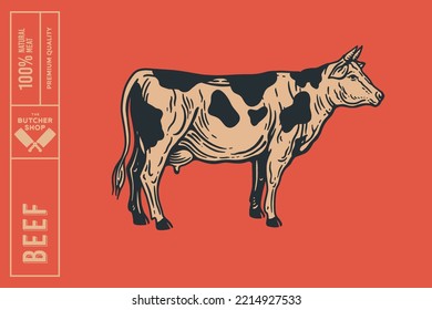 Cow in engraving style on a red background. Design element for animal books, butcher shops, farmers markets. Vector vintage illustration.