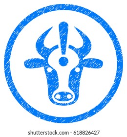 Cow Error grainy textured icon inside circle for overlay watermark stamps. Flat symbol with dust texture. Circled vector blue rubber seal stamp with grunge design.