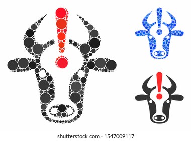 Cow error mosaic of filled circles in variable sizes and color tints, based on cow error icon. Vector filled circles are composed into blue collage. Dotted cow error icon in usual and blue versions.