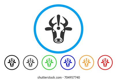 Cow Error vector rounded icon. Image style is a flat gray icon symbol inside a blue circle. Bonus color versions are grey, black, blue, green, red, orange.