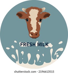 Cow face for dairy products. Vector illustration for farm, farm shop. Advertisement for fresh milk on a blue background. Drops of milk.