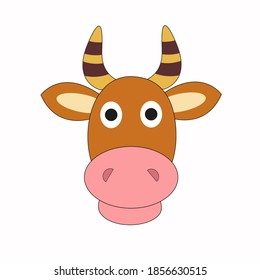Cow face head vector illustration, flat style. Cute brown cow smiling face. Flat cartoon design funny farm animal.