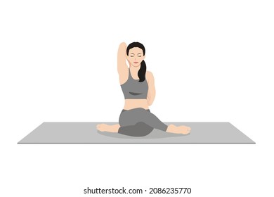 Cow Face Pose, Beautiful girl practice Gomukhasana. Young attractive woman practicing yoga exercise. working out, black wearing sportswear, grey pants and top, indoor full length, calmness and relax.