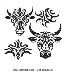 Cow face set silhouette, tribal tattoo vector  white background