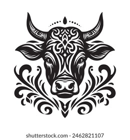 Cow face set silhouette, tribal tattoo vector  illustration line art white background