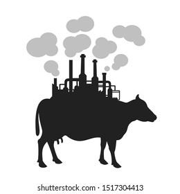 Cow with factory on the back as metaphor of cow fart. Animal is producing greenhouse gas and methane. Cattle and livestock as environmental and ecological problem. Vector illustration.