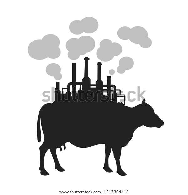 牛の背に工場を付けた牛は牛のファートの比喩です 動物は温室効果ガスとメタンを生産している 環境や生態学の問題として牛や家畜を使う ベクターイラスト のベクター画像素材 ロイヤリティフリー