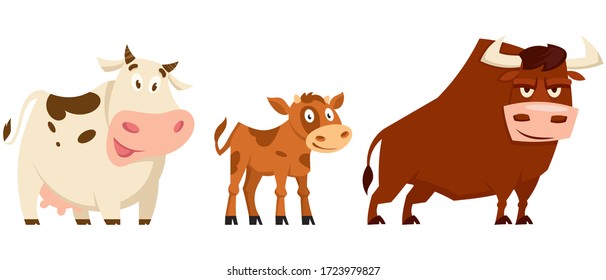 Cow family in cartoon style. Farm animals of different sex and age.