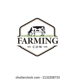 Cow Family Farm Vintage Hexagon Logo Design, Western Region