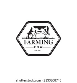 Cow family farm vintage hexagon logo