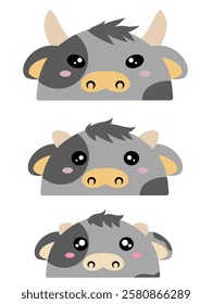 Cow family vector design. Cute design of a group of cows. Set of farm animals. Collection of cute cow face vector cartoon. Cute grey cow vector design