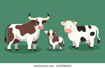 Cow Family Vector Illustration. A family of cows in a cute cartoon style: bull, cow, and calf. Perfect for children's designs, farm-themed projects. Fun and adorable for prints or nursery decor. 