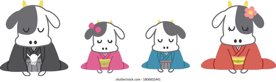 
Cow family wearing kimono bow deeply in 2021