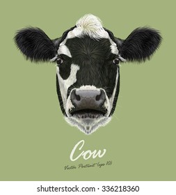 Cow farm animal face. Vector cute agriculture cattle head portrait. Realistic fur portrait of black and white spotted calf isolated on green background.